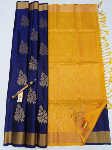 Authentic Handloom Elite Pure Soft Silk Sarees - Dark Blue Coloured with Golden Zari Border With SilkMark Tag