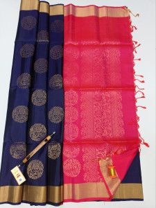 Authentic Handloom Elite Pure Soft Silk Sarees - Dark Blue Coloured with Pink Zari With Golden Border With SilkMark Tag