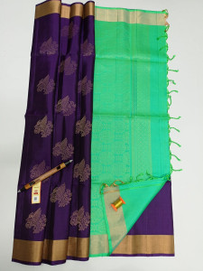 Authentic Handloom Elite Pure Soft Silk Sarees - Violet Coloured with Light Green Zari With Golden Border With Silkmark Tag