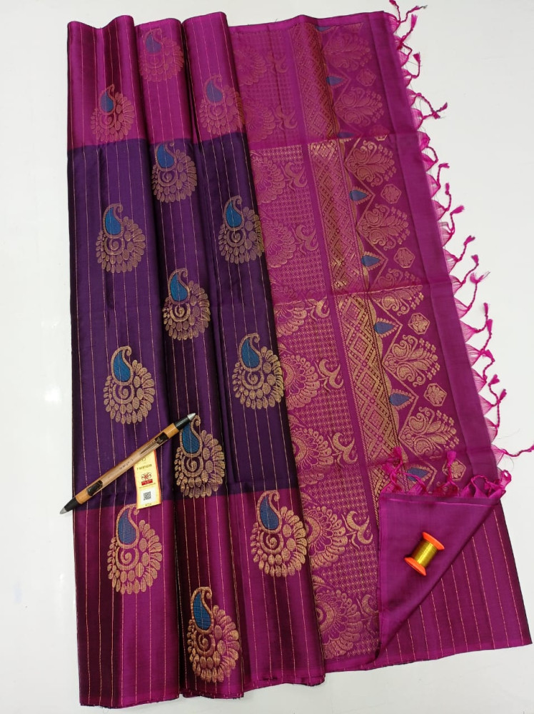 Authentic Handloom Elite Pure Soft Silk Sarees - Violet with Pink Coloured with Patterned Zari Border With SilkMark Tag