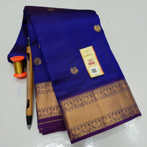 Authentic Kancheepuram Korvai Traditional Pure Silk Sarees With Silkmark Tag - Blue Colour with Golden Border