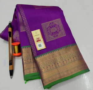 Authentic Kancheepuram Korvai Traditional Pure Silk Sarees With Silkmark Tag - Violet Colour with Golden Border