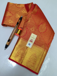 Authentic Kancheepuram Pure Elite Silk Sarees - Golden Orange Patterned With Golden Zari Patterned Pallu with Silkmark Tag