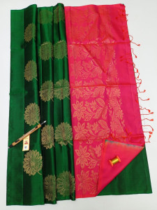 Authentic Kancheepuram Pure Soft Silk Sarees - Green Coloured with Dark Rose Zari Patterned With Pallu Silkmark Tag