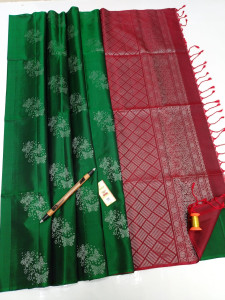Authentic Kancheepuram Pure Soft Silk Sarees - Green Coloured With Red Maroon Zari Patterned Pallu with Silkmark Tag