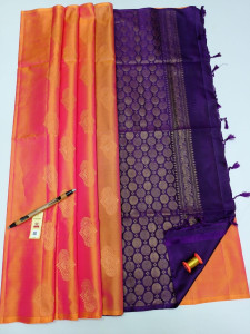 Authentic Kancheepuram Pure Soft Silk Sarees - Orange Coloured With Violet Zari Patterned Pallu with Silkmark Tag