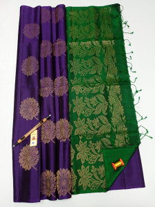 Authentic Kancheepuram Pure Soft Silk Sarees - Violet Coloured With Green Zari Patterned with Pallu Silkmark Tag