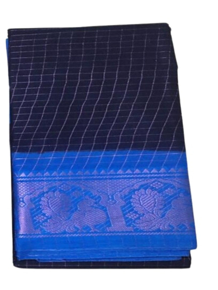 Authentic Madurai Sungudi Sarees- Black Checked Pattern with Peacock Zari Themed
