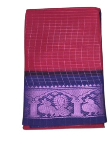 Authentic Madurai Sungudi Sarees- Red Checked Pattern with Peacock Zari Themed