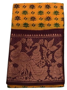 Authentic Madurai Sungudi Sarees- Yellow Pattern with Peacock Zari Themed
