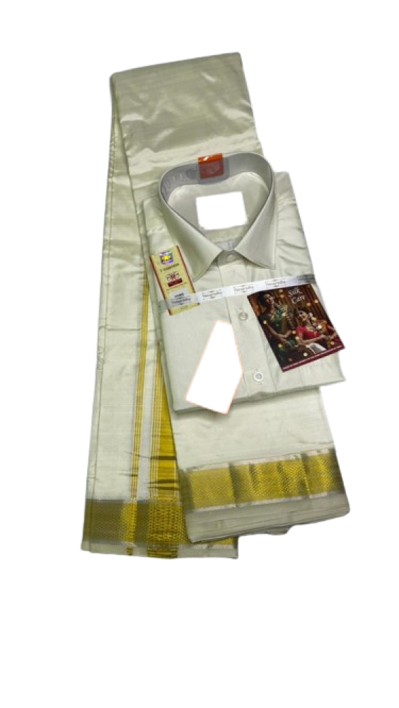 Authentic Salem Pure Mulberry Silk Dhoti With Silk Shirt - White