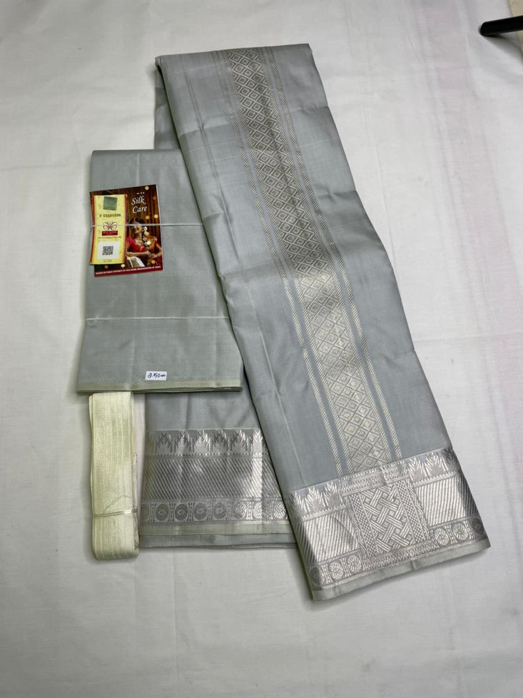 Authentic Salem Pure Mulberry Silk Dhoti With Towel Piece - Grey - Silver Border