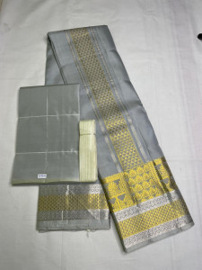 Authentic Salem Pure Mulberry Silk Dhoti With Towel Piece - Grey