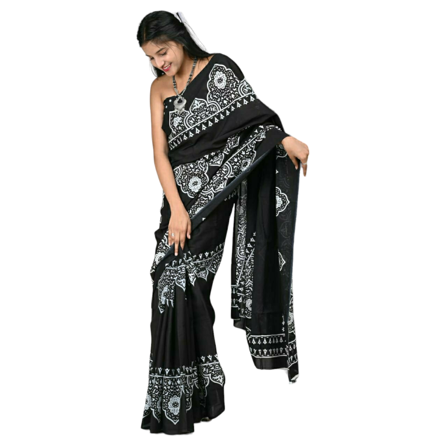 Bagru Print Saree Black Colour with White Print