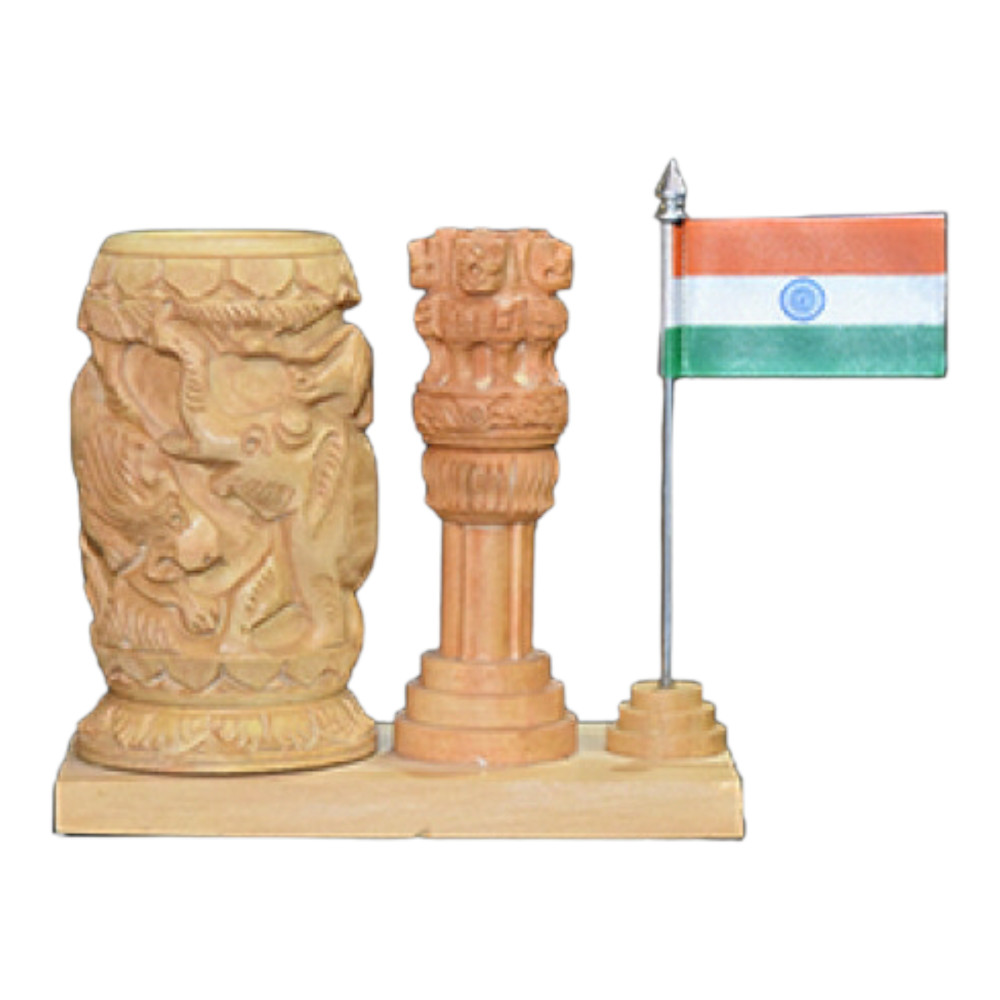 Banaras Wood Carving Pen Stand With Flag