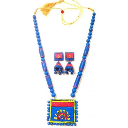 Sky Blue Bankura Panchmura Terracotta Craft Necklace Jewellery Set
