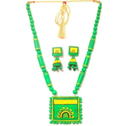Light Green Bankura Panchmura Terracotta Craft Necklace Jewellery Set