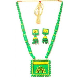 Light Green Bankura Panchmura Terracotta Craft Necklace Jewellery Set