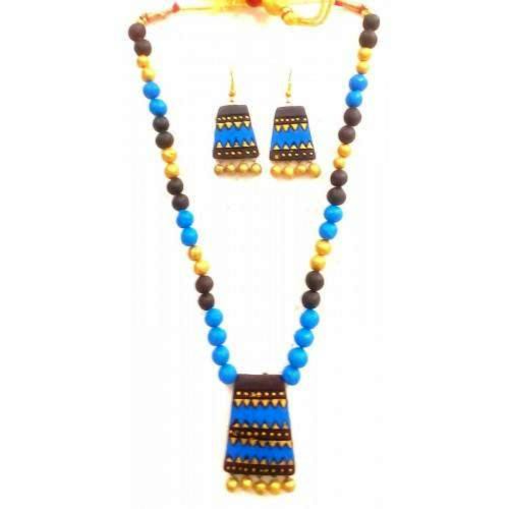 Blue & Brown Bankura Panchmura Terracotta Craft Necklace Jewellery Set - 0