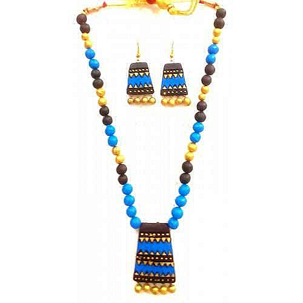 Blue & Brown Bankura Panchmura Terracotta Craft Necklace Jewellery Set