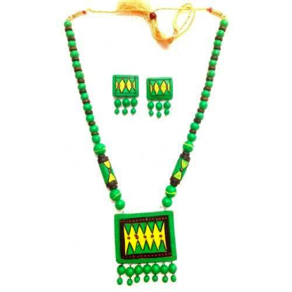 Green & Yellow Bankura Panchmura Terracotta Craft Necklace Jewellery Set - 0