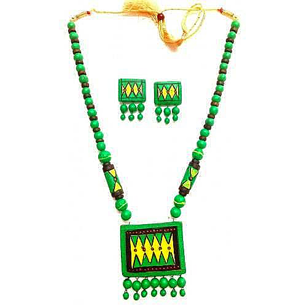 Green & Yellow Bankura Panchmura Terracotta Craft Necklace Jewellery Set