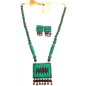 Sea Green Bankura Panchmura Terracotta Craft Necklace Jewellery Set