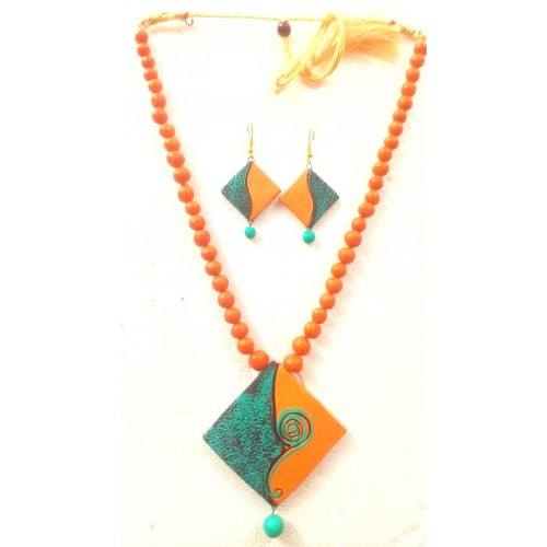 Orange Bankura Panchmura Terracotta Craft Necklace Jewellery Set