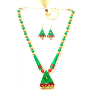 Parrot Green and Golden Bankura Panchmura Terracotta Craft Necklace Jewellery Set