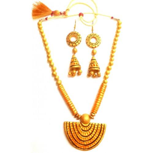 Golden Bankura Panchmura Terracotta Craft Necklace Jewellery Set