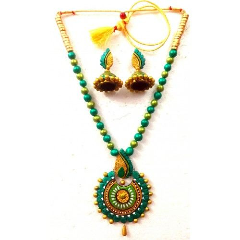 Dark Green Bankura Panchmura Terracotta Craft Necklace Jewellery Set - 0