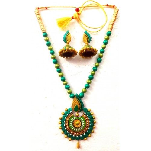 Dark Green Bankura Panchmura Terracotta Craft Necklace Jewellery Set