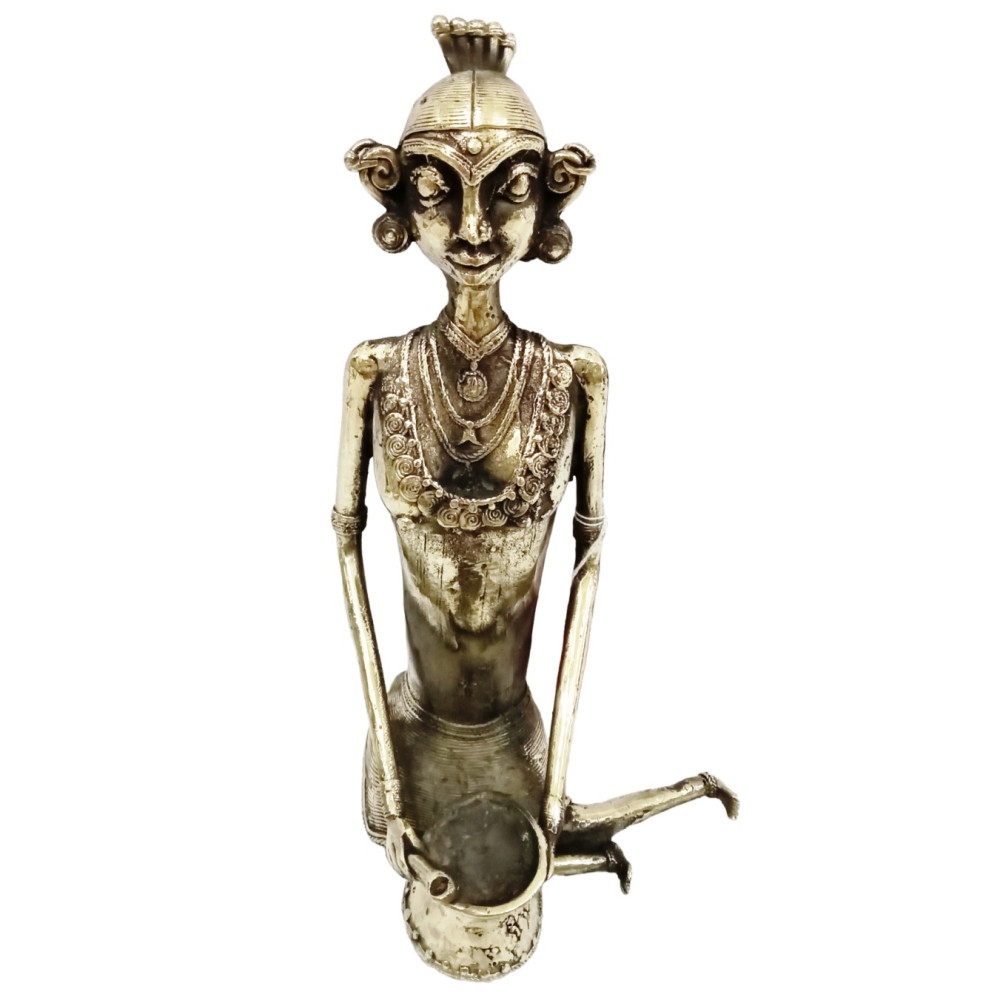 Bastar Handcrafted Female Metal Tribe Holding a Pot