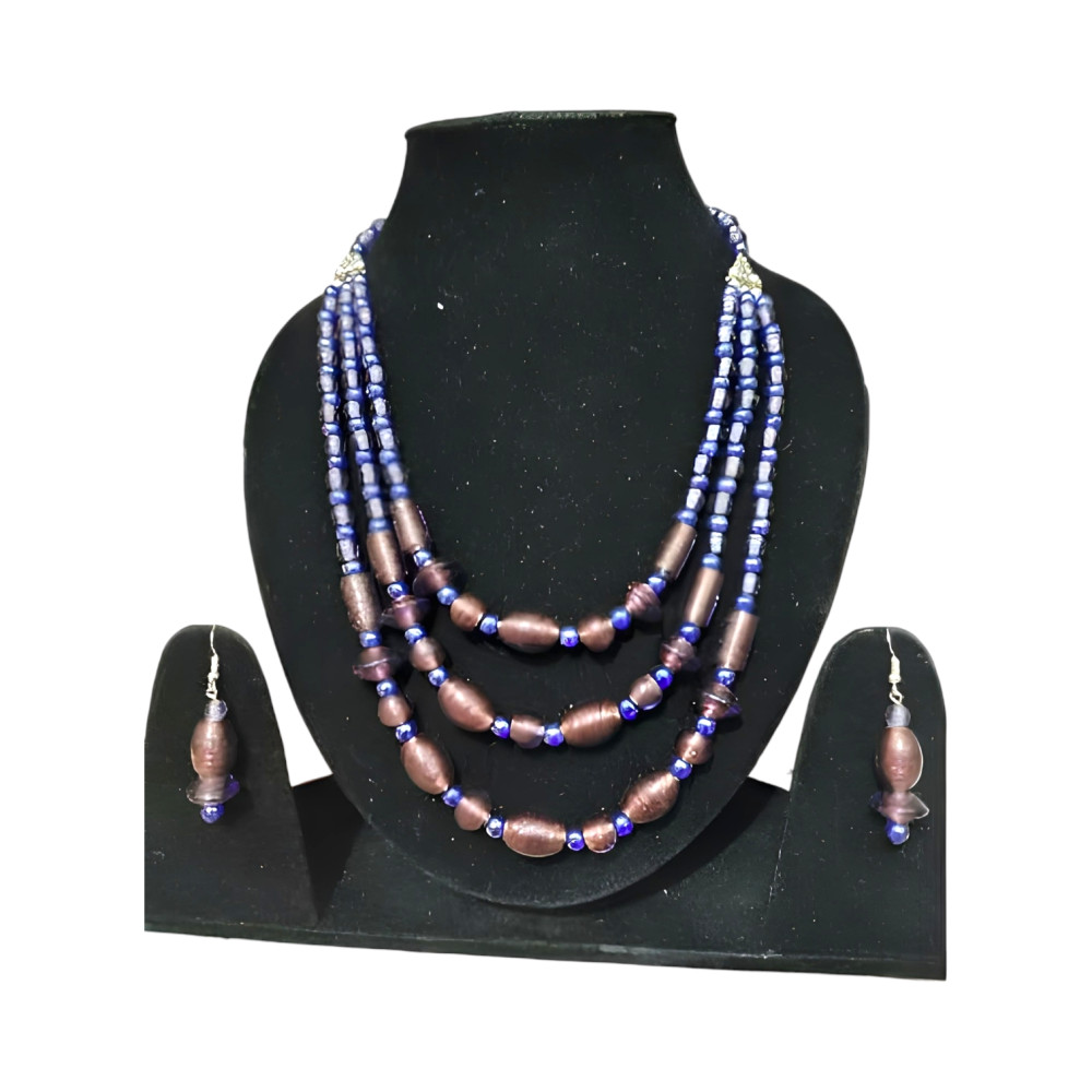 Beautiful Blue & Pink Glass Beads 3 Line Necklace Set