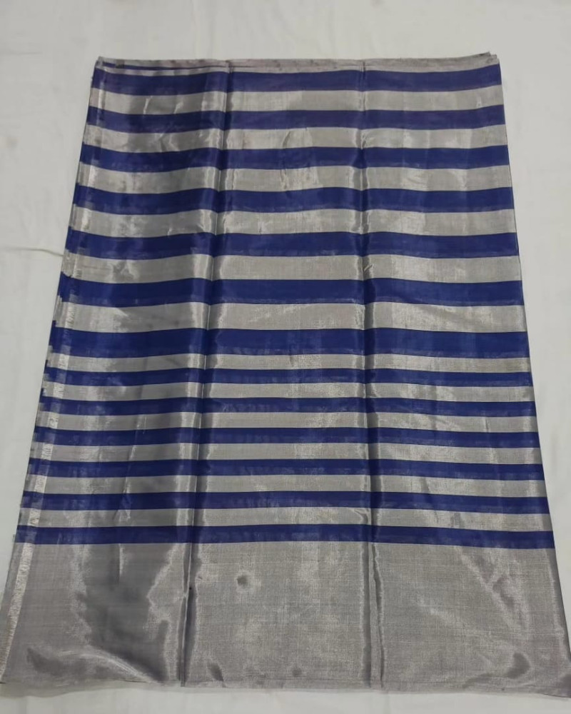 Beautiful Blue & Silver Stripes Chanderi Tissue saree - 0