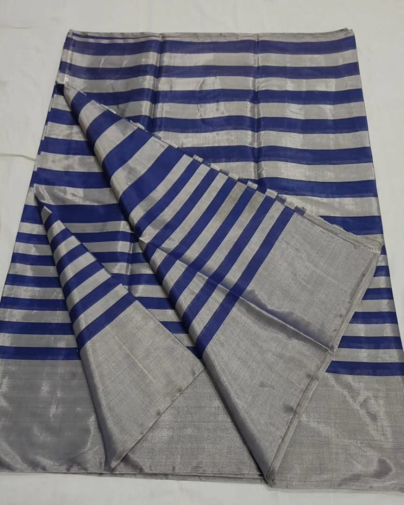 Beautiful Blue & Silver Stripes Chanderi Tissue saree - 1