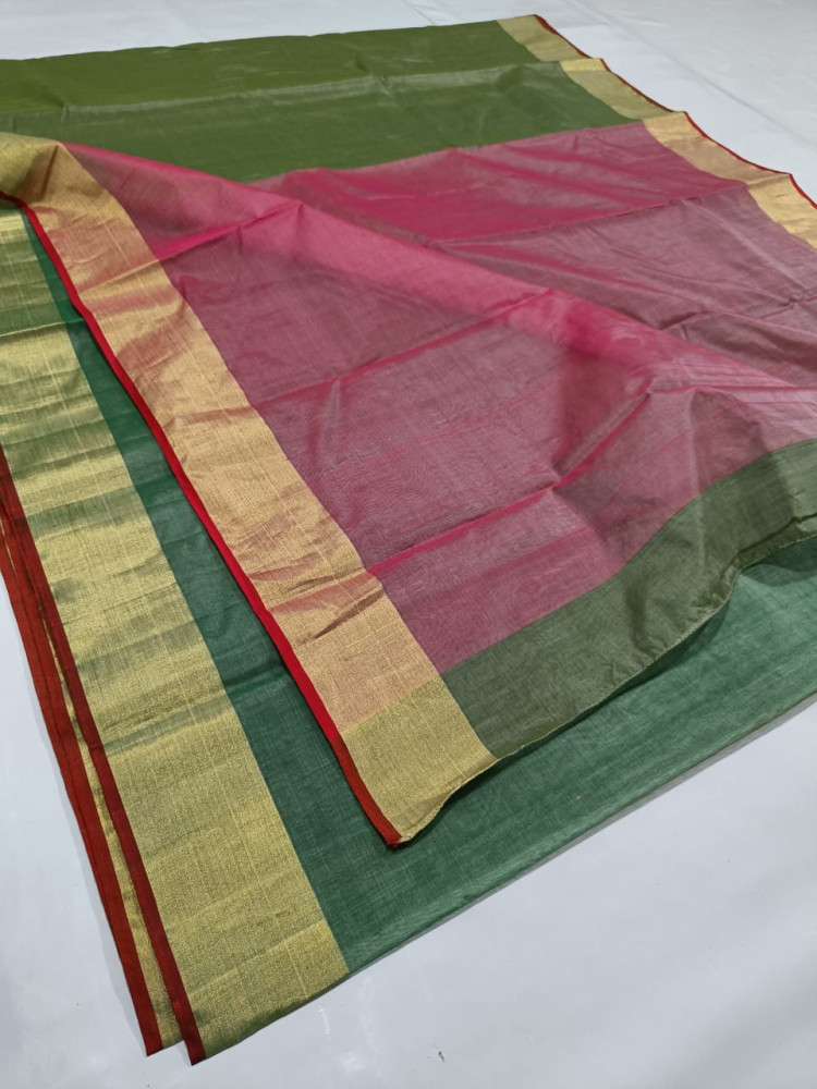 Beautiful Green & Magenta Chanderi Tissue Saree - 3