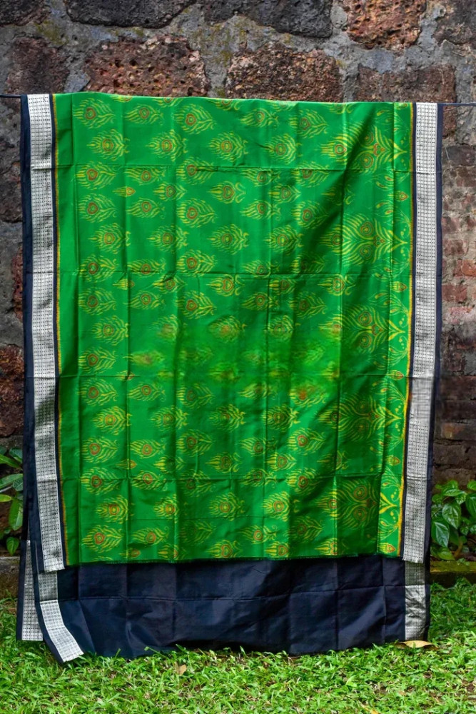 Beautiful Green & Navy Blue Sambalpuri Silk Saree - 0