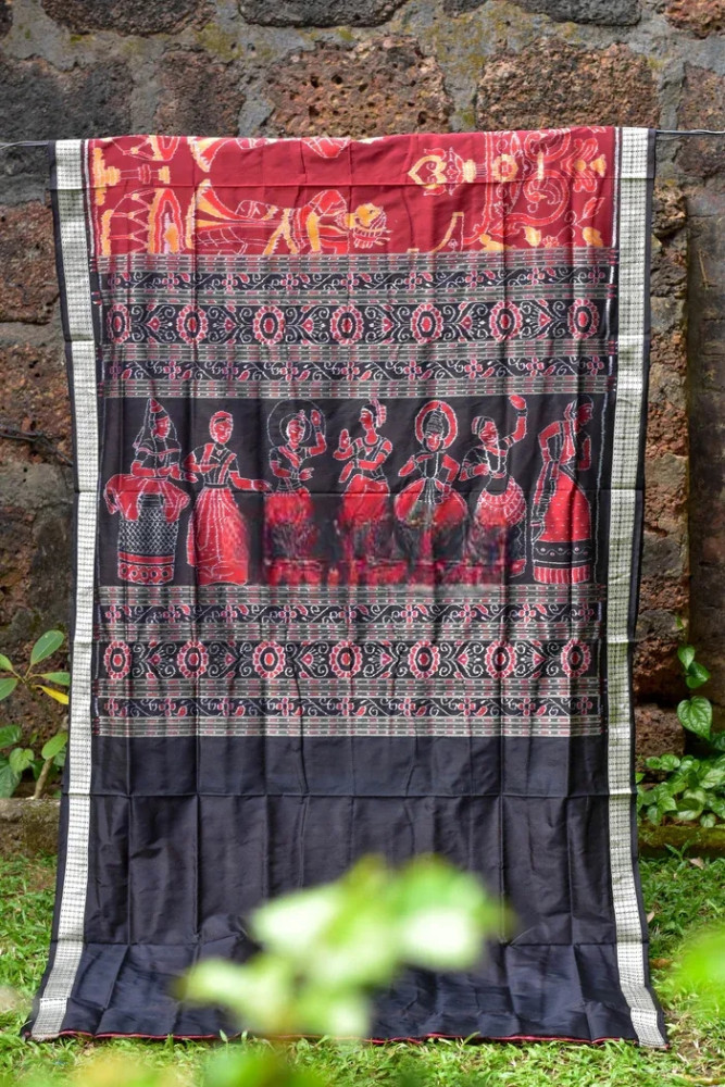 Beautiful Maroon & Black Tribal Design Sambalpuri Silk Saree