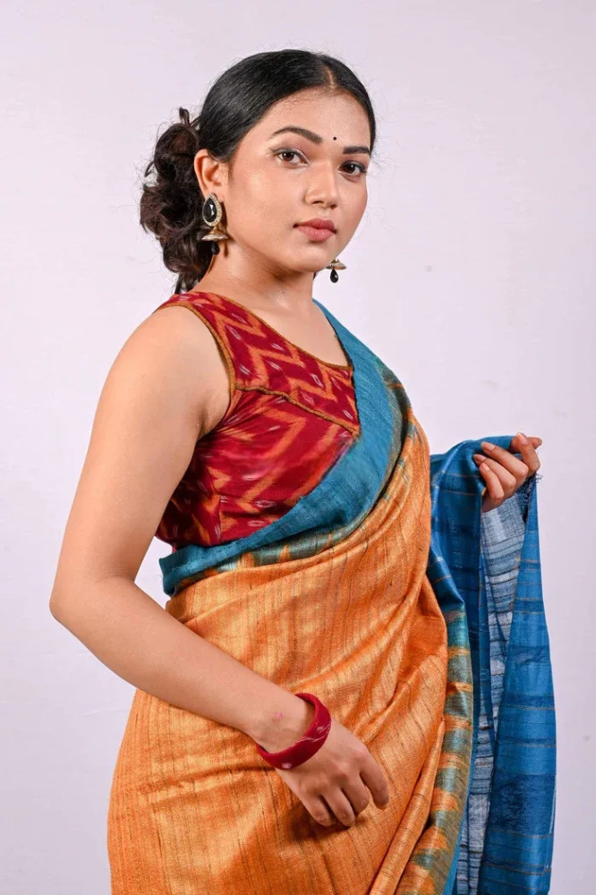 Beautiful Orange & Blue Gopalpur Tussar Saree - 1