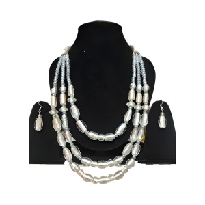 Beautiful White Glass Beads 3 Line Necklace Set