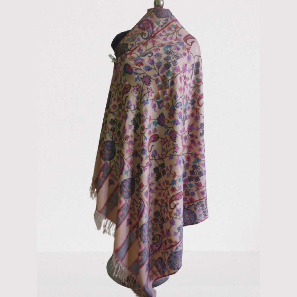 Beige With Multicolour Floral Design Kani Shawl