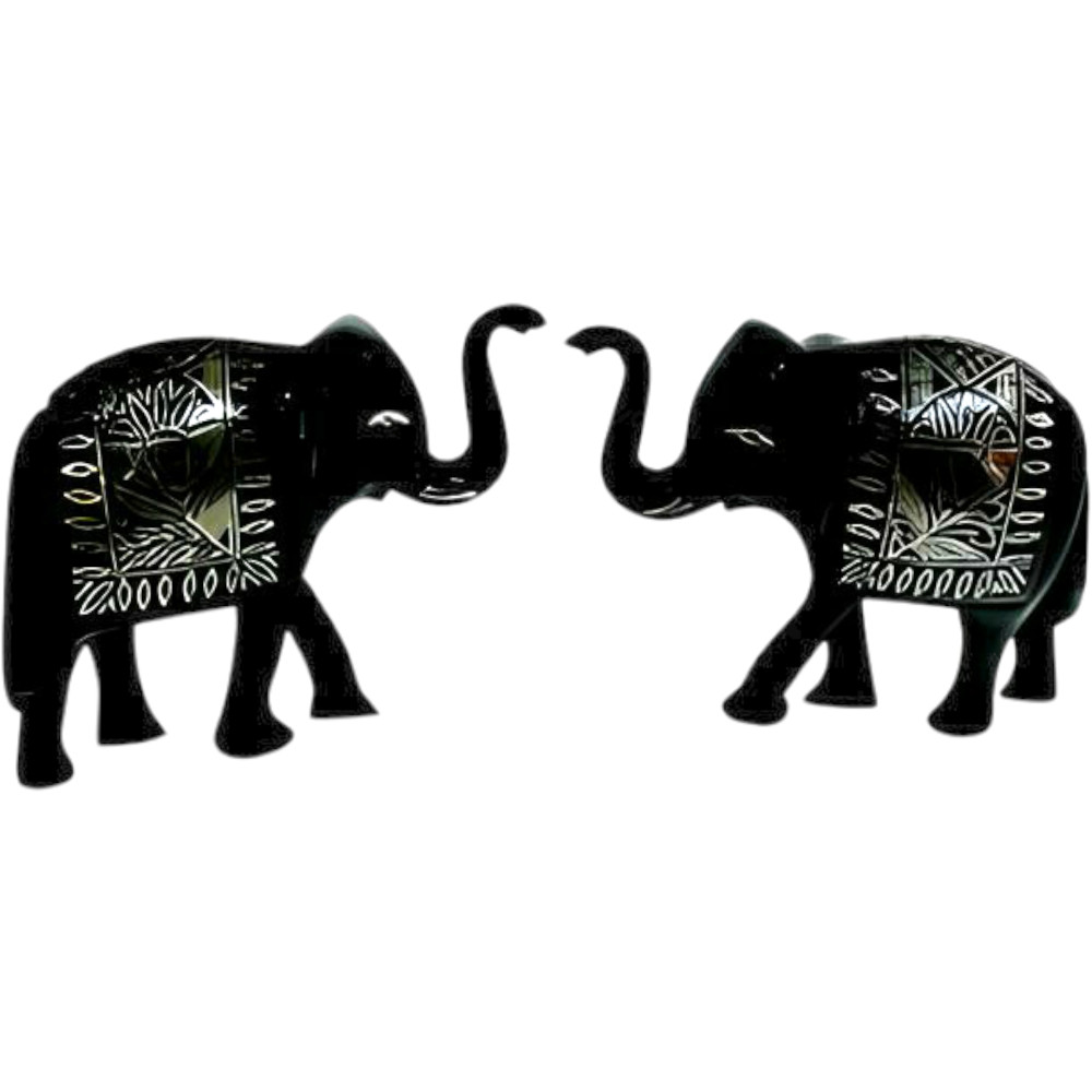 Bidriware Handcrafted Black Metal Silver Inlay Elephant Showpiece (Set Of 2) - 0