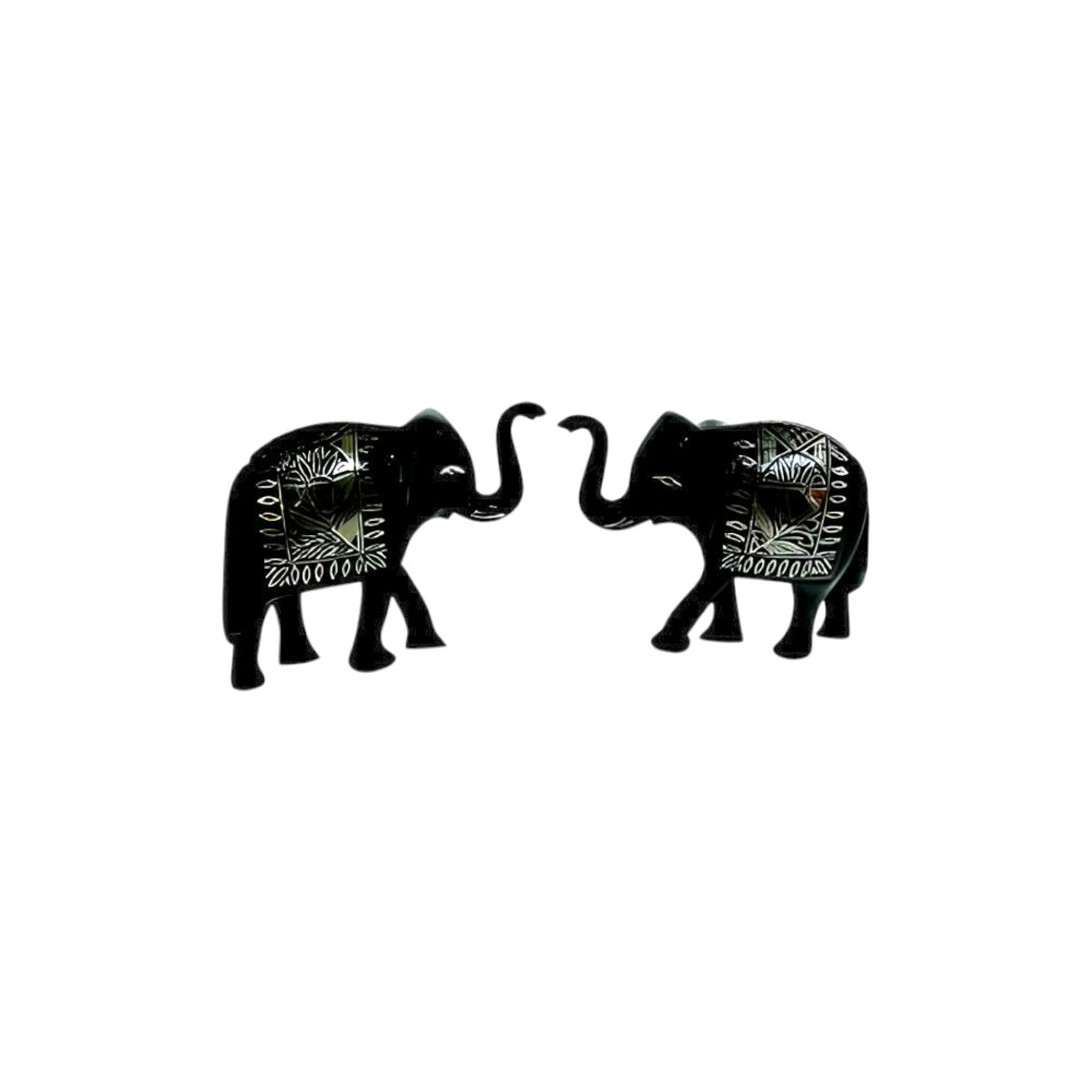 Bidriware Handcrafted Black Metal Silver Inlay Elephant Showpiece (Set Of 2)