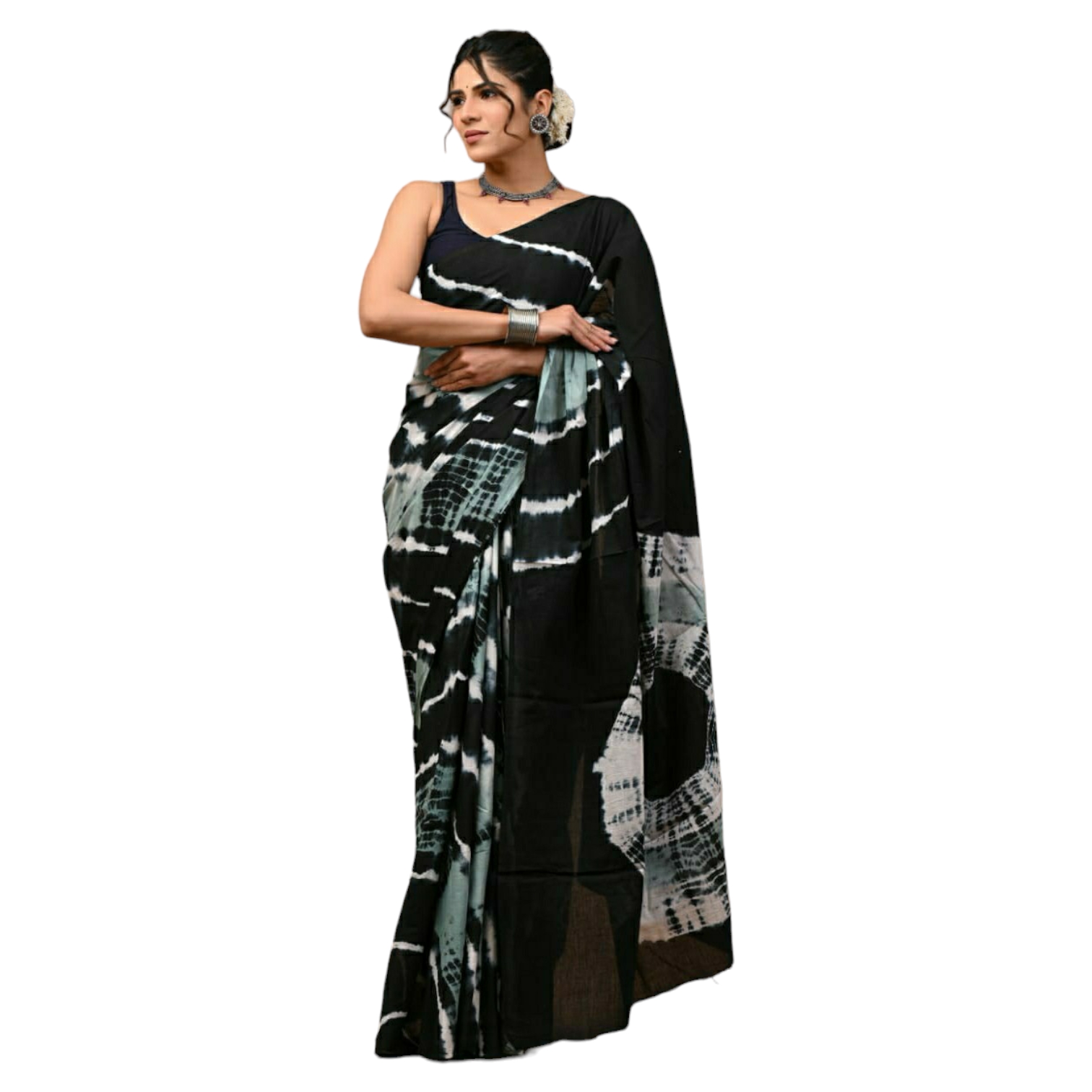 Black Colour with White & Grey Bagru Printed Saree