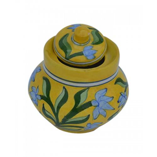 Elegant Yellow Colour Dekchi With Flower Design Blue Pottery Of Jaipur