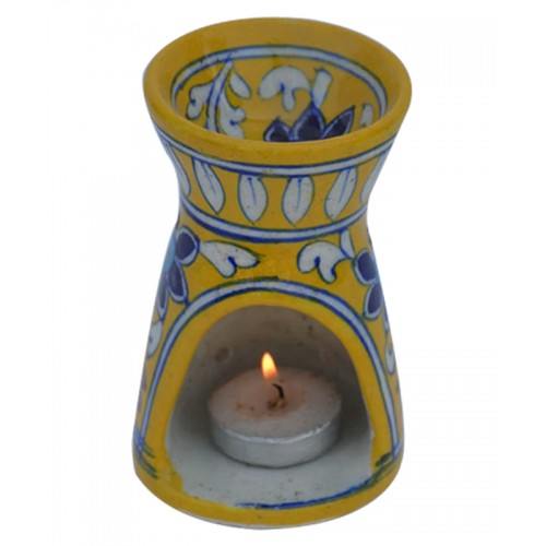 Elegant Yellow Colour Oil Lamp With Flower Design Blue Pottery Of Jaipur
