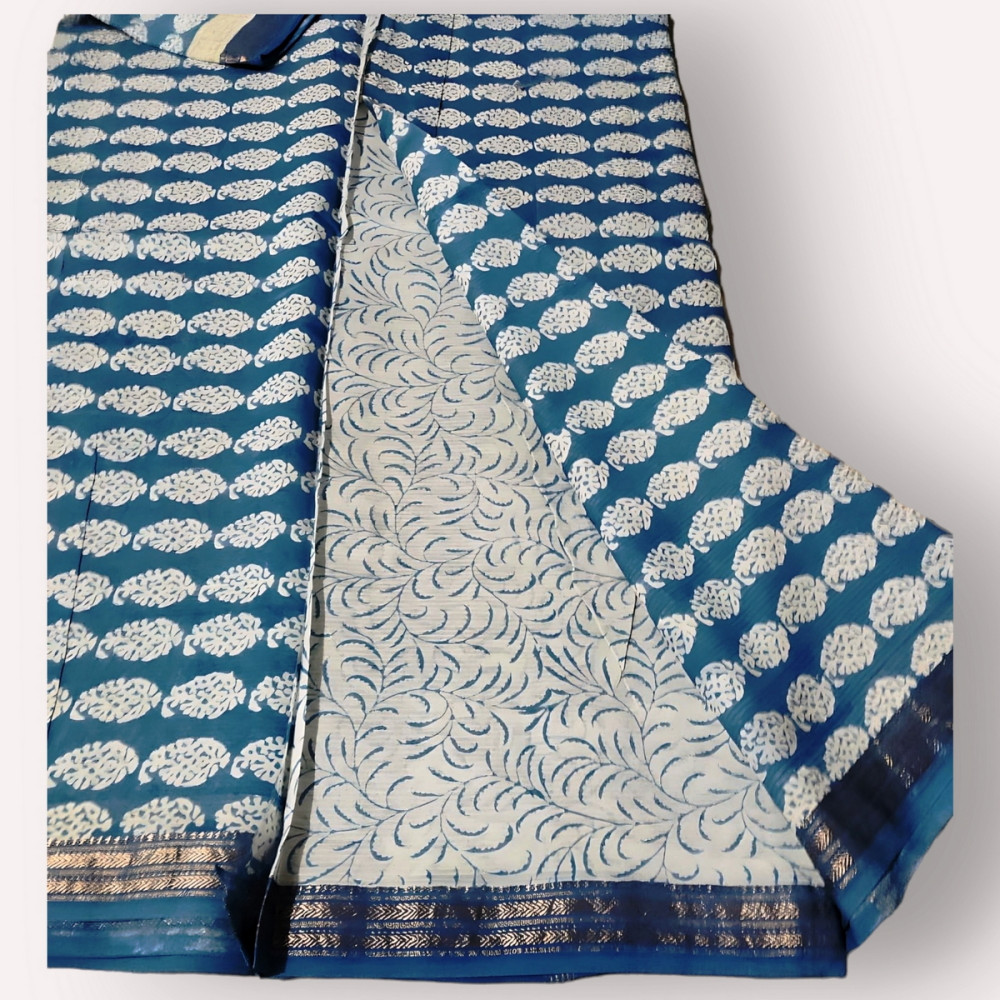Blue & White Bagh Block Print Saree