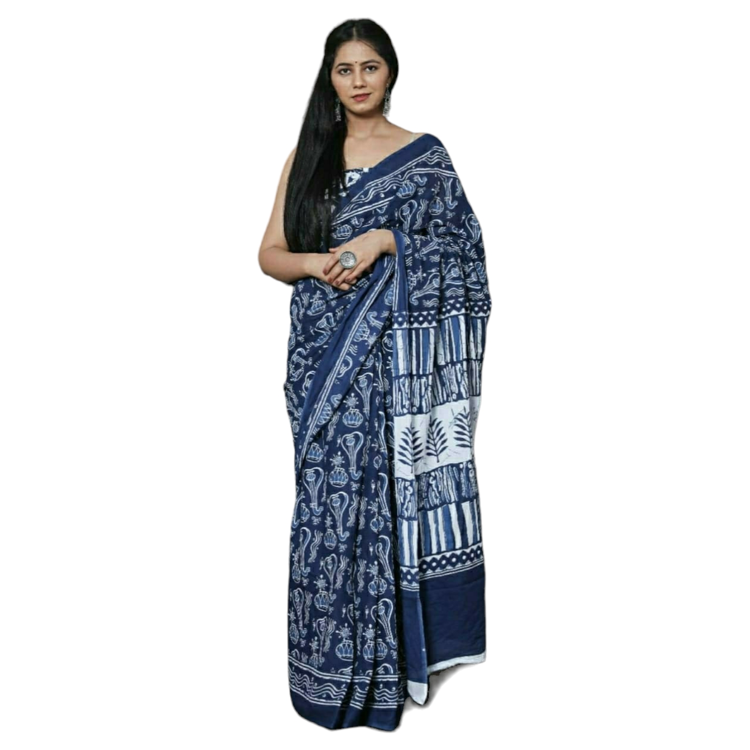 Blue & White Colour Bagru Print Saree Style 1