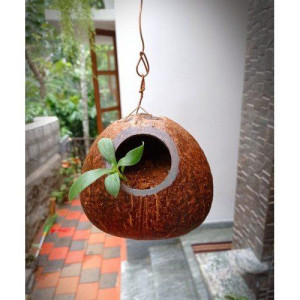 Handmade Eco-Friendly Brass Broidered Coconut Shell Crafts Of Kerala Flower Hanging Pot Set of 2